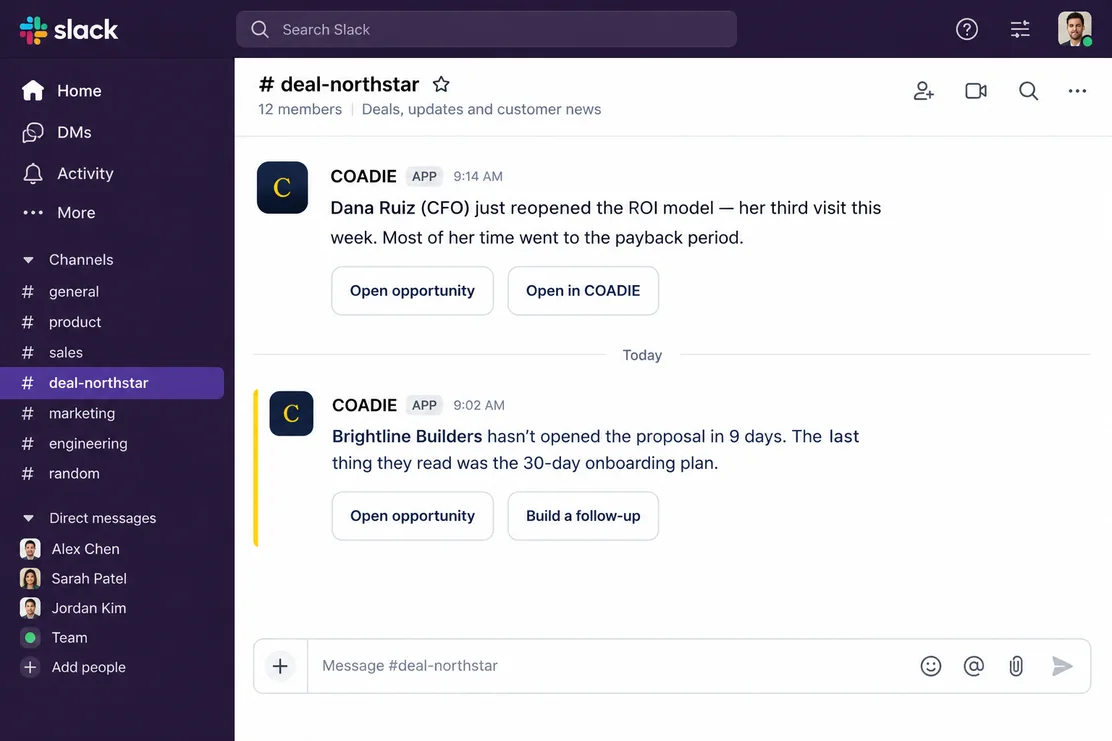 A Slack message from the Coadie app in #deal-northstar: Dana Ruiz (CFO) just reopened the ROI model, her third visit this week, with Open opportunity and Open in Coadie buttons
