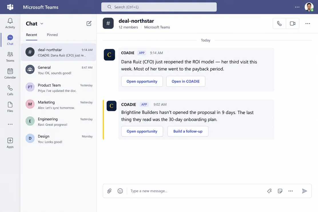 A Microsoft Teams message from the Coadie app: Brightline Builders hasn't opened the proposal in 9 days, with Open opportunity and Build a follow-up buttons